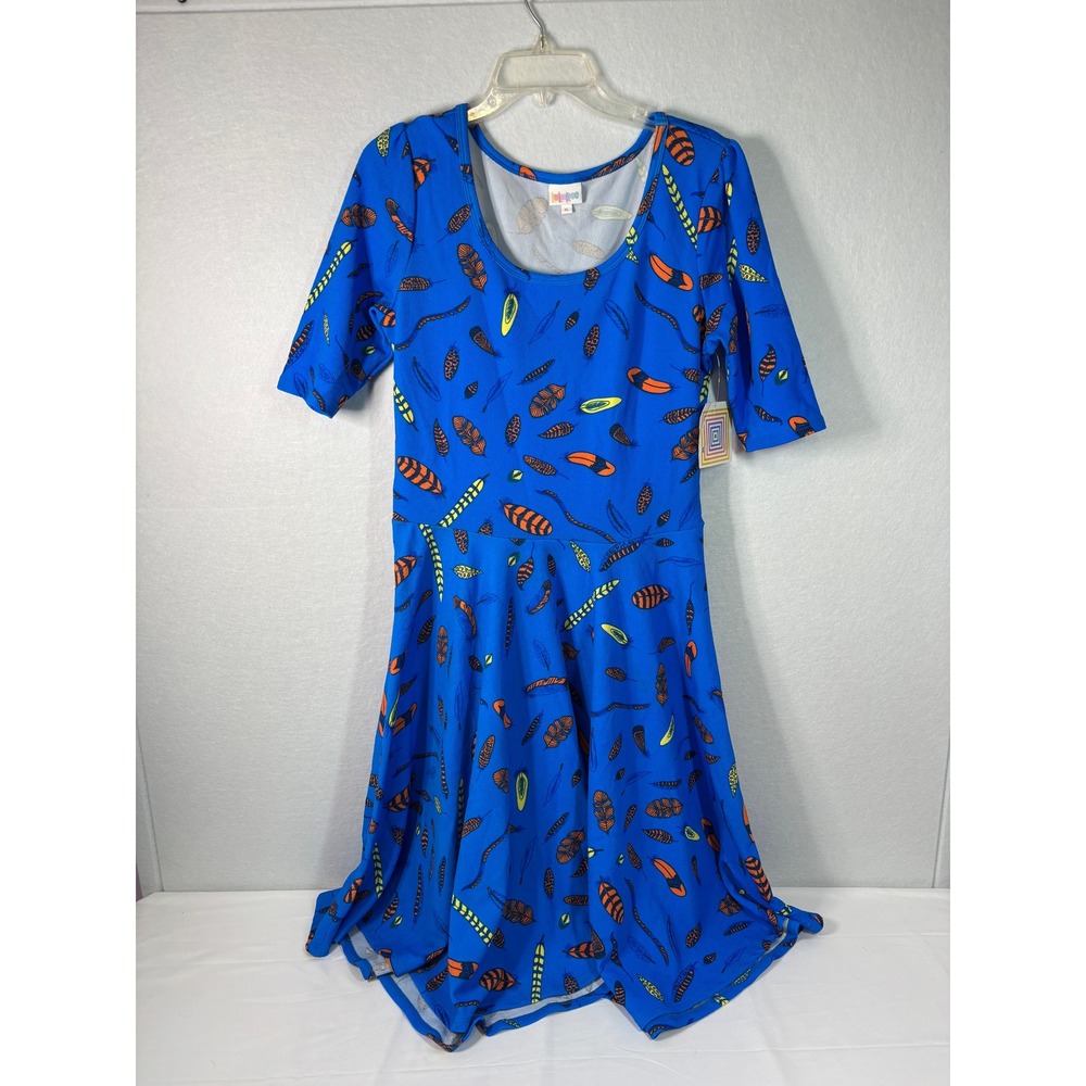 LuLaRoe Nicole Dress Womens XL Blue Feather Print Elbow Sleeve Fit Flare NWT